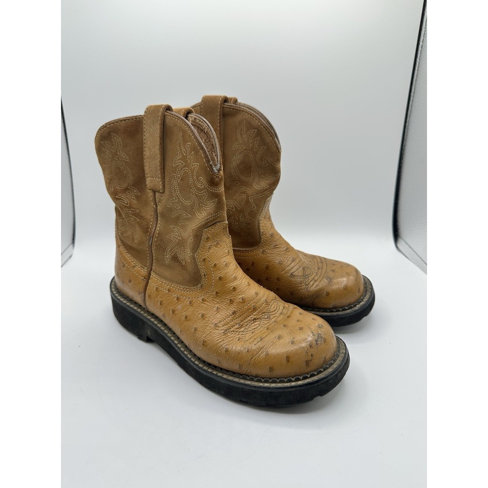 Fabby Far Out Kids Size 6.5 Ostrich Print Western‎ Cowboy Boots Brown Tan